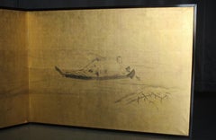 B84 Japanese art, Ink painting on gold folding screen, Sailor, 2-panel