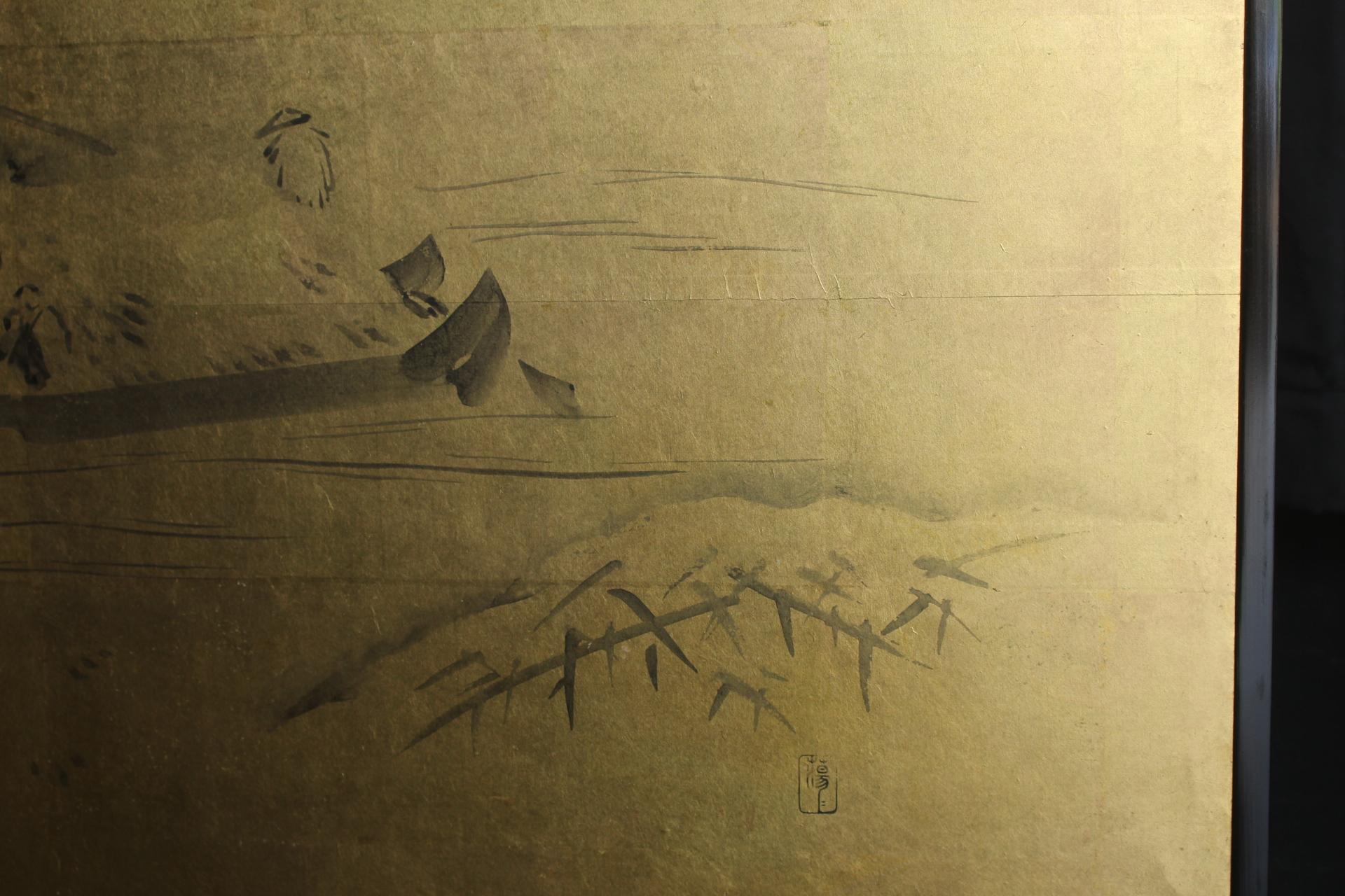 B84 Japanese art, Ink painting on gold folding screen, Sailor, 2-panel (Japanisch) im Angebot