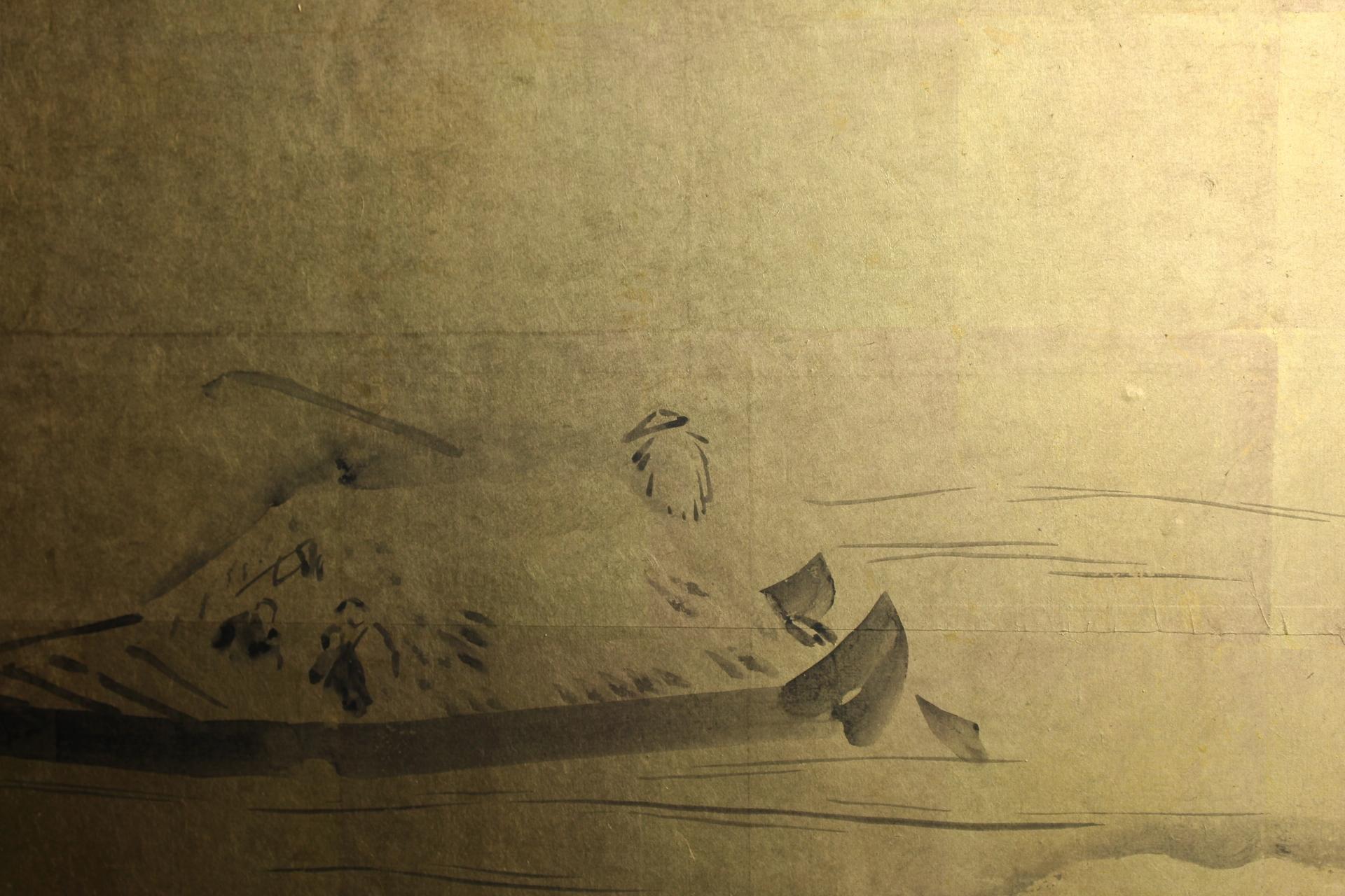 B84 Japanese art, Ink painting on gold folding screen, Sailor, 2-panel (Handbemalt) im Angebot