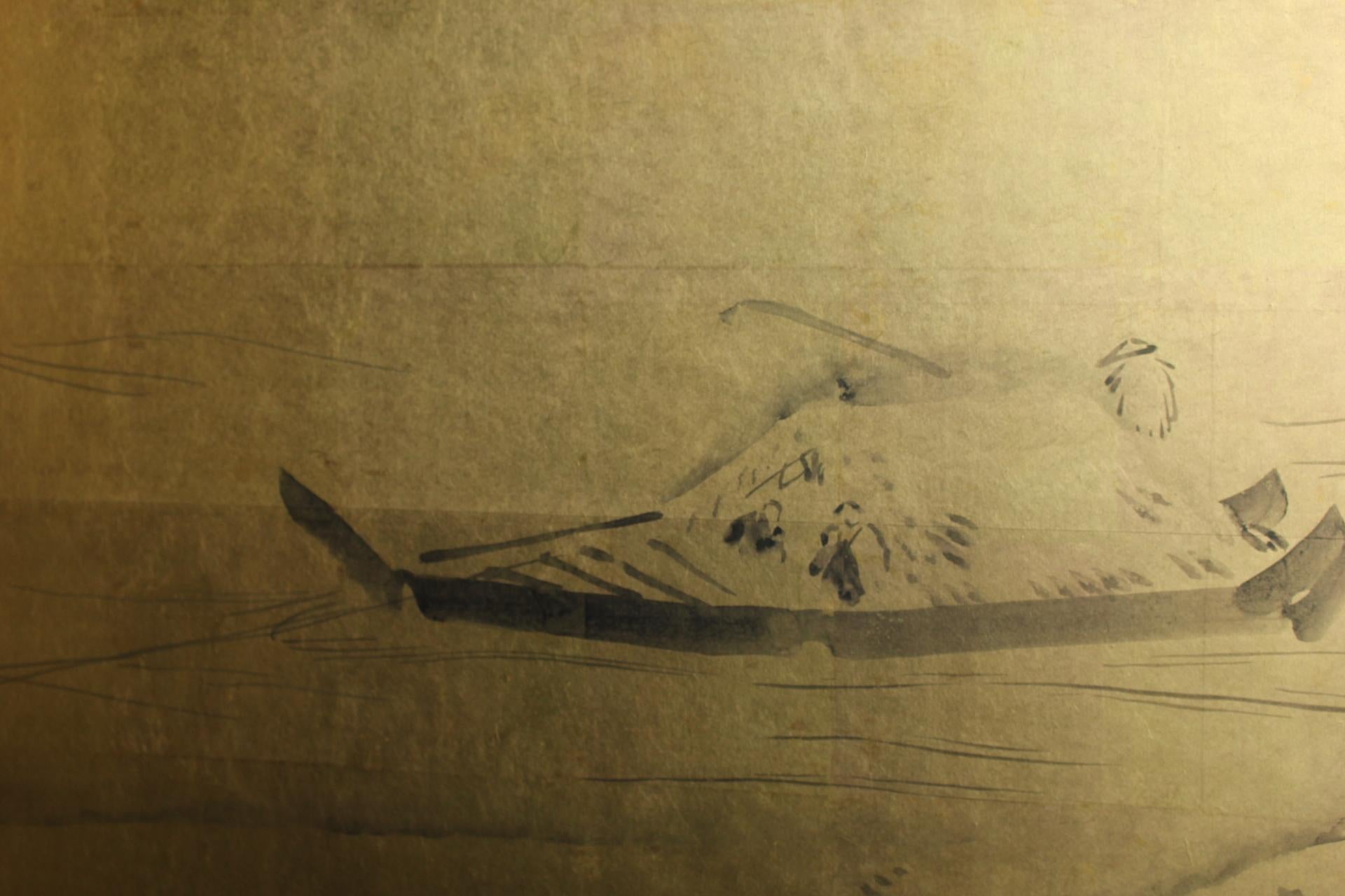 B84 Japanese art, Ink painting on gold folding screen, Sailor, 2-panel im Zustand „Gut“ im Angebot in Niiza, JP