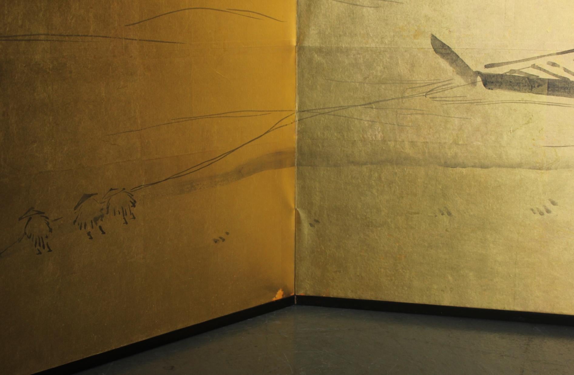 B84 Japanese art, Ink painting on gold folding screen, Sailor, 2-panel (20. Jahrhundert) im Angebot