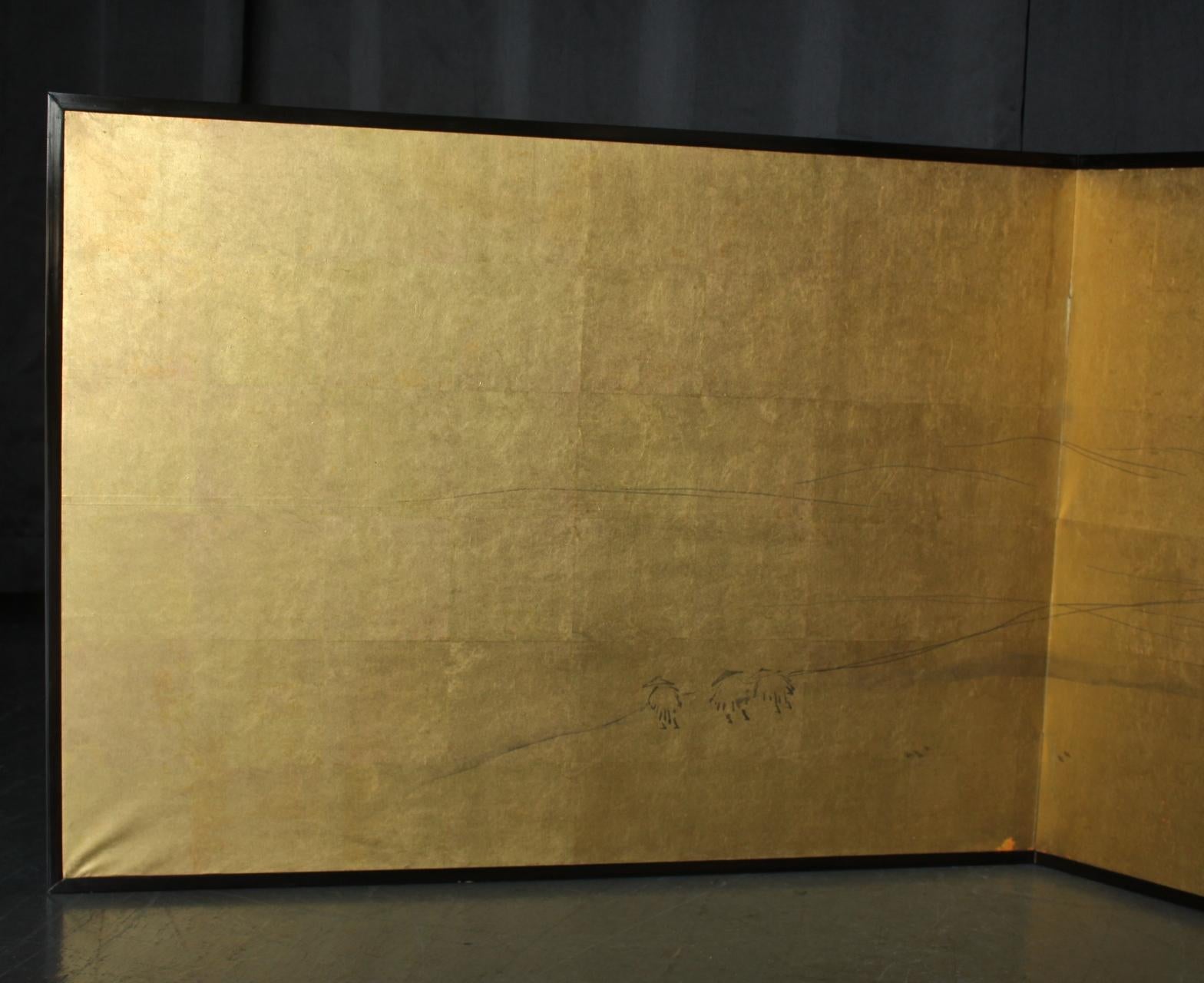 B84 Japanese art, Ink painting on gold folding screen, Sailor, 2-panel (Papier) im Angebot