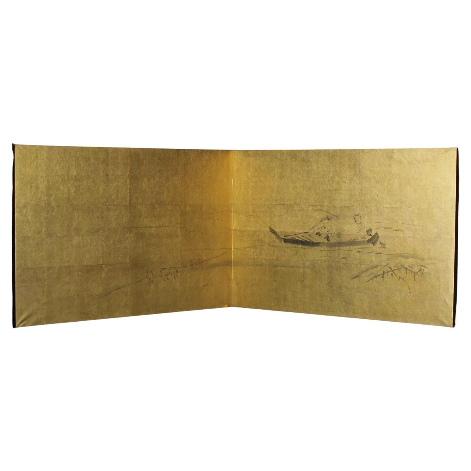 B84 Japanische Kunst, Tuschemalerei auf Gold-Faltwand, Seemann, 2-tlg.