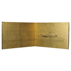B84 Japanese art, Ink painting on gold folding screen, Sailor, 2-panel