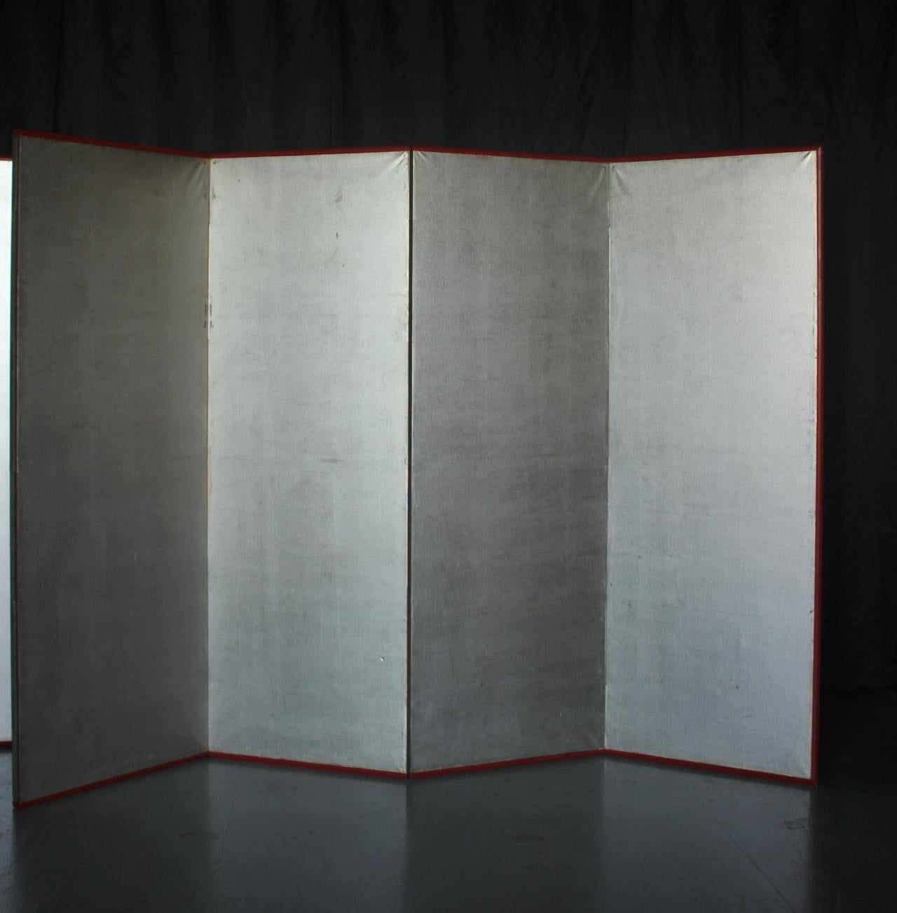 B85 Old Japanese 6panels, Silver Paper, folding Screen, red remmed im Angebot 5