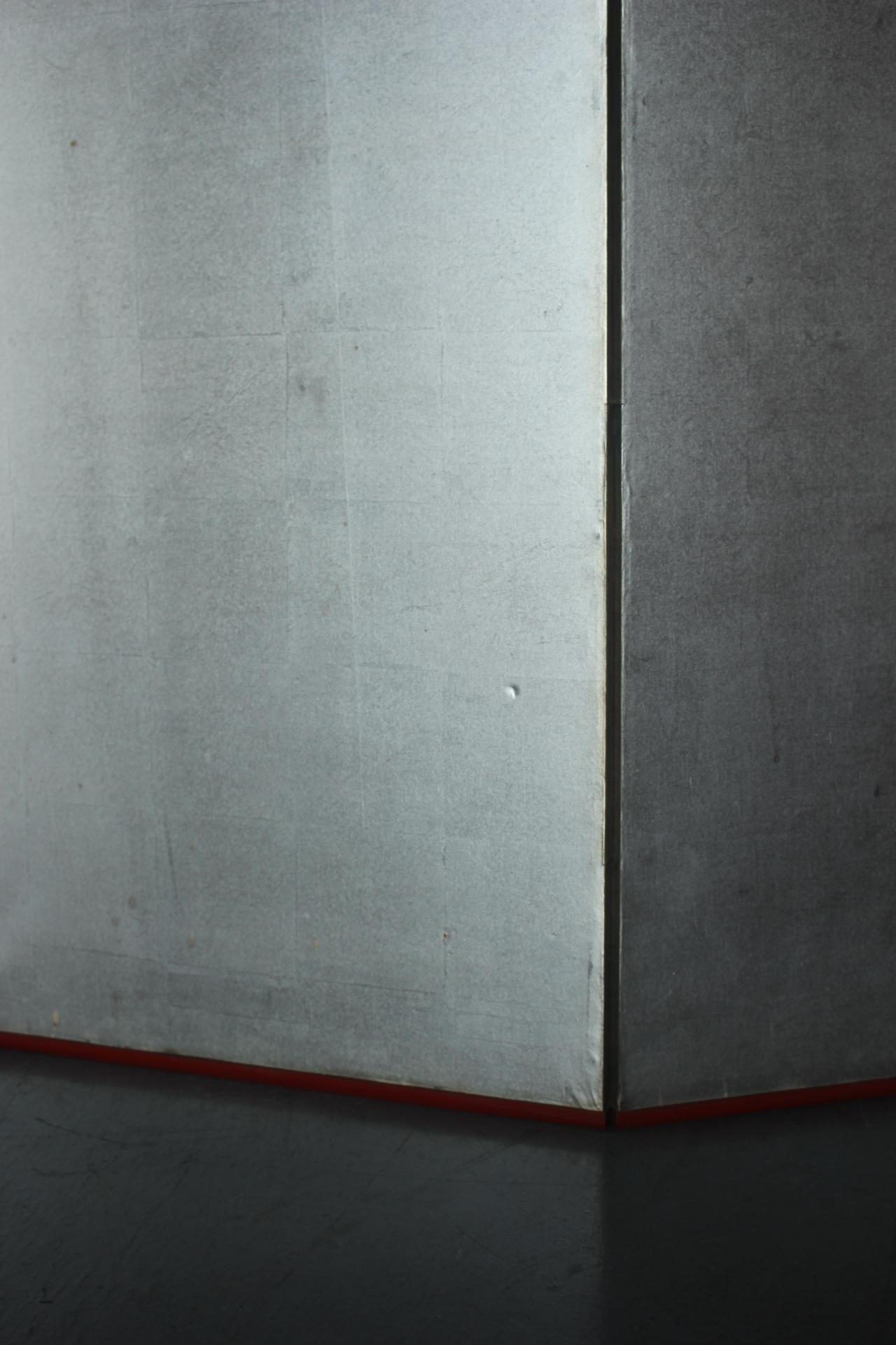 B85 Old Japanese 6panels, Silver Paper, folding Screen, red remmed im Angebot 7