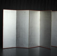 B85 Old Japanese 6panels, Silver Paper, folding Screen, red remmed