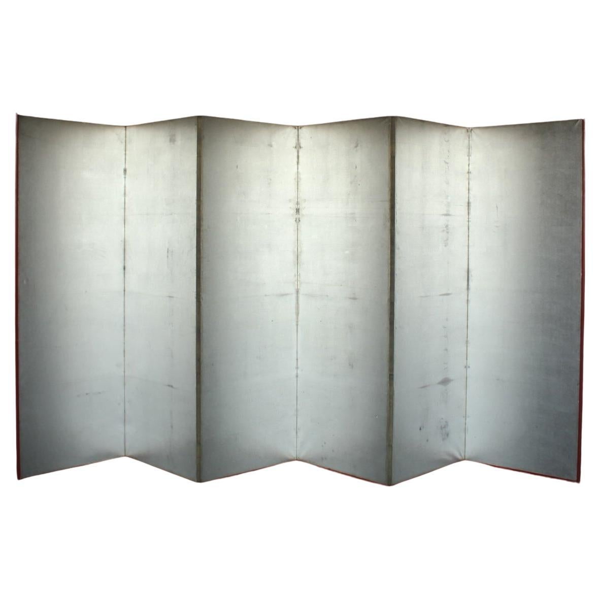 B85 Old Japanese 6panels, Silver Paper, folding Screen, red remmed
