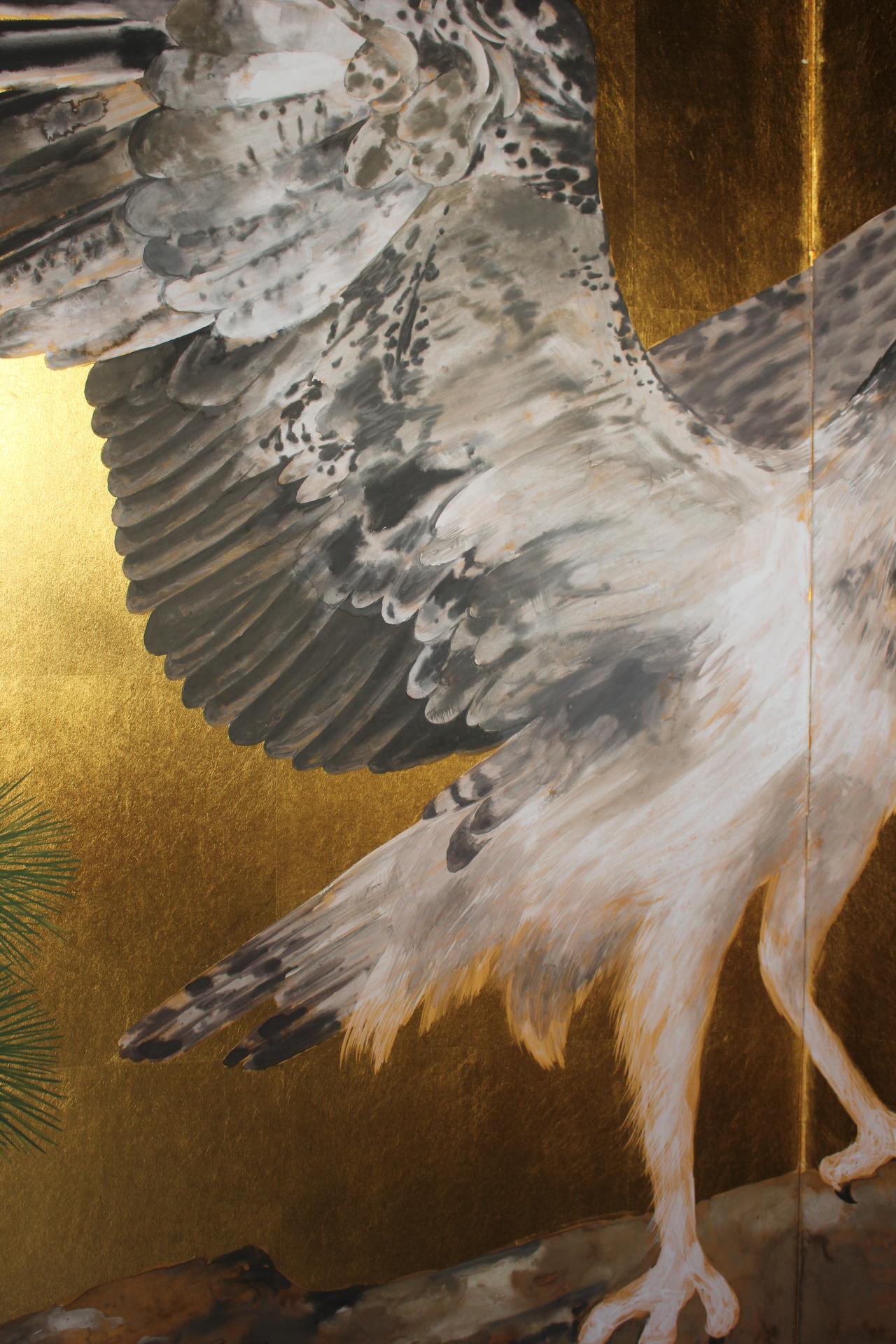 B86 Peinture japonaise d'art, faucon, écran d'or Byobu, 2 panneaux en vente 5