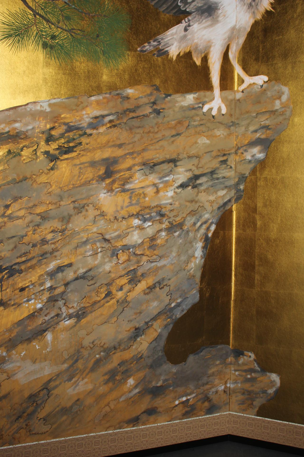 B86 Peinture japonaise d'art, faucon, écran d'or Byobu, 2 panneaux en vente 7