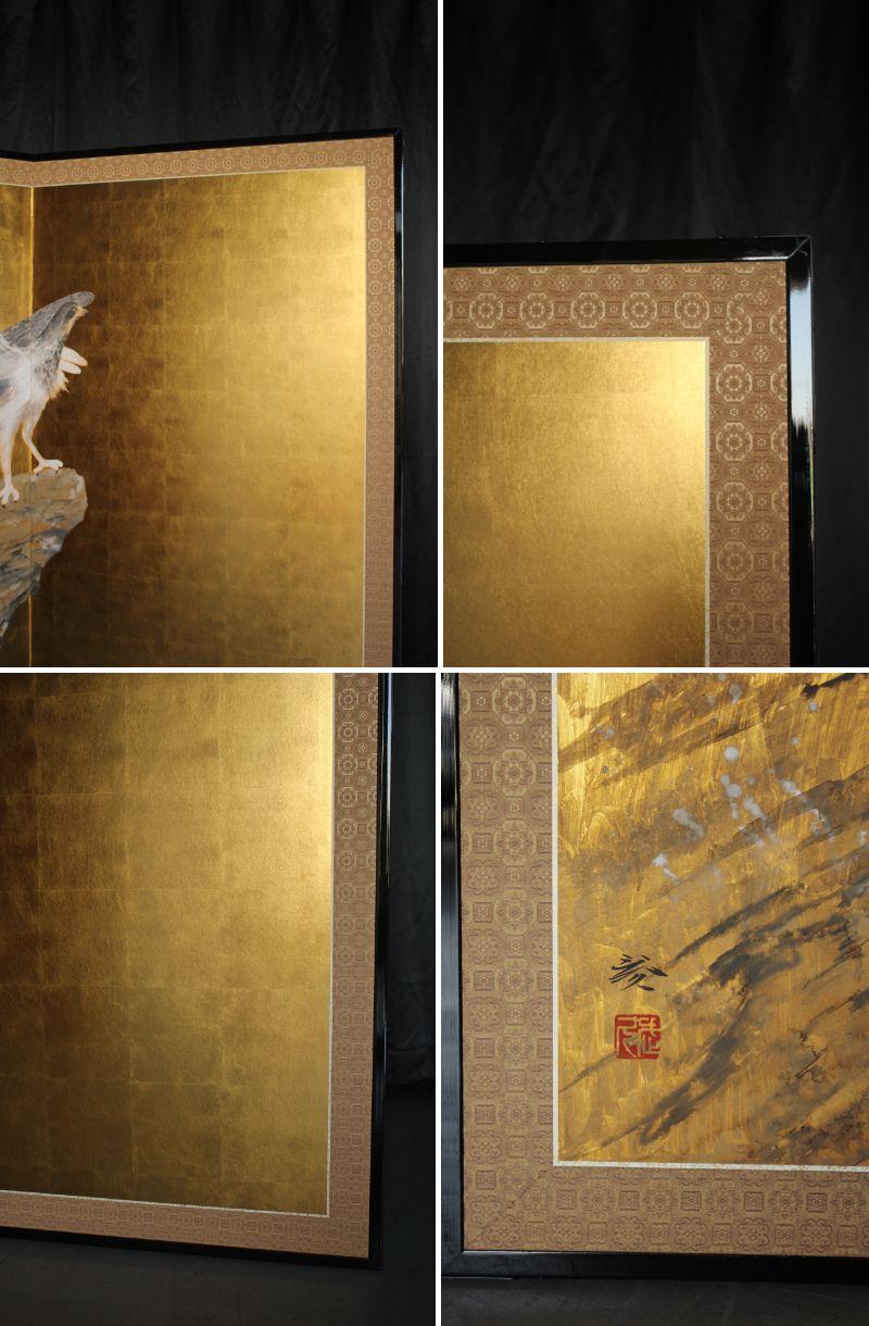 B86 Peinture japonaise d'art, faucon, écran d'or Byobu, 2 panneaux en vente 9