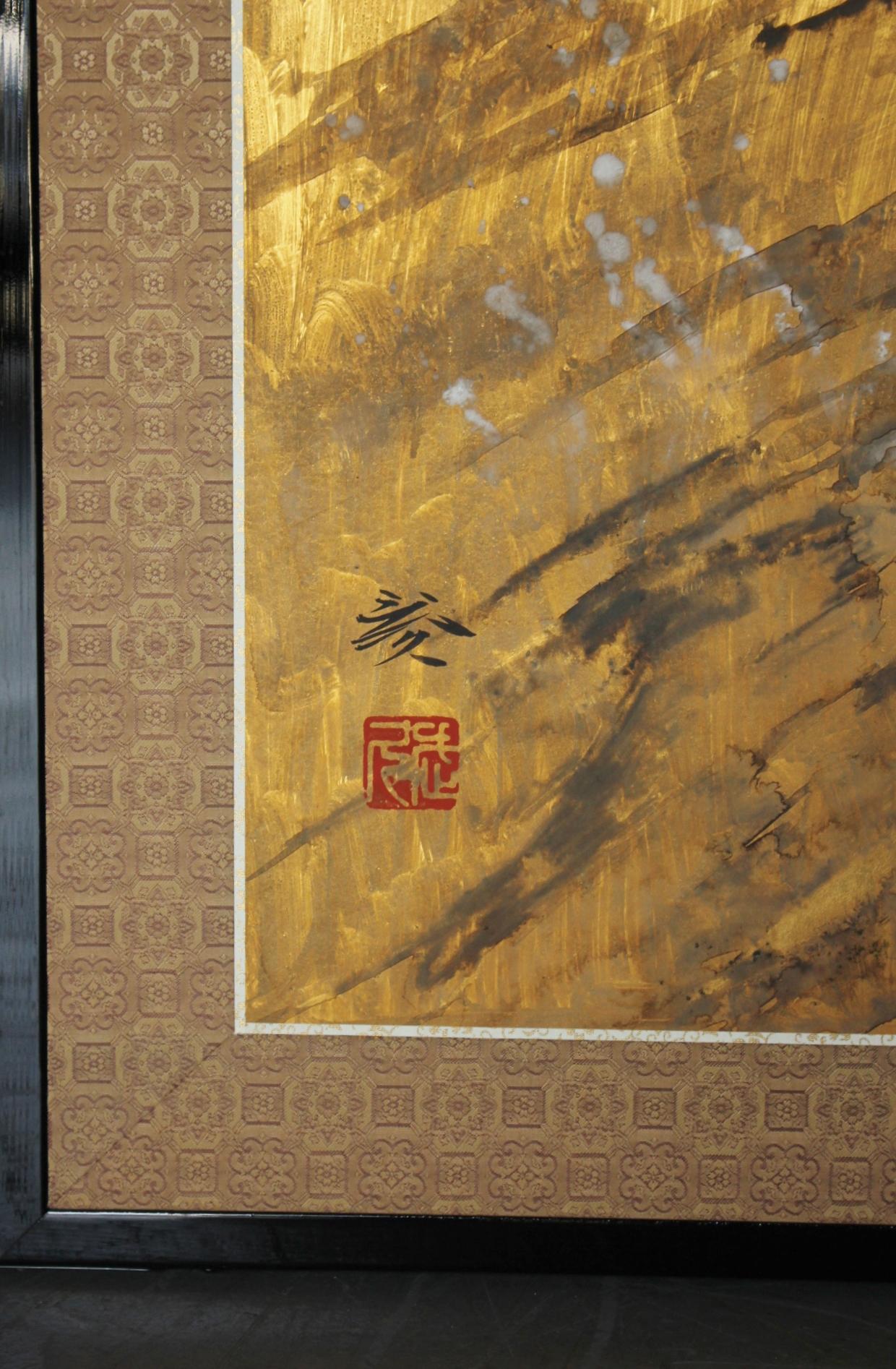 B86 Peinture japonaise d'art, faucon, écran d'or Byobu, 2 panneaux en vente 10