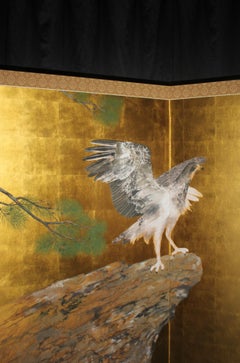 B86 Japanese Painting Art, Hawk, Gold Screen Byobu, 2-panels