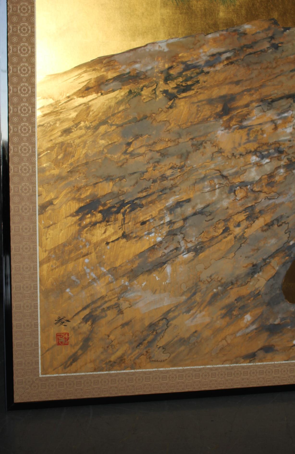 20ième siècle B86 Peinture japonaise d'art, faucon, écran d'or Byobu, 2 panneaux en vente