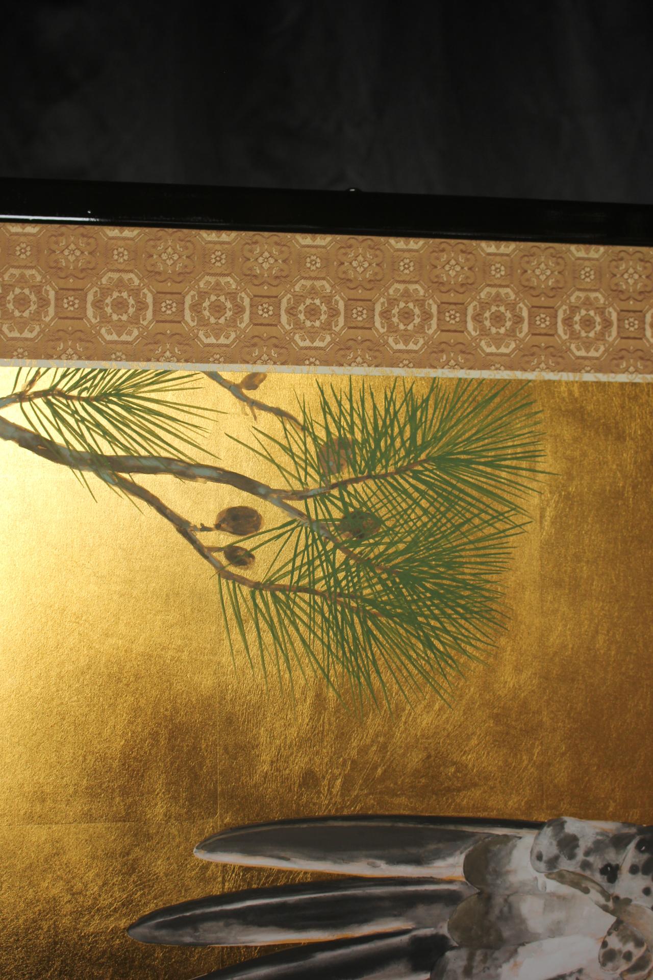 B86 Peinture japonaise d'art, faucon, écran d'or Byobu, 2 panneaux en vente 1