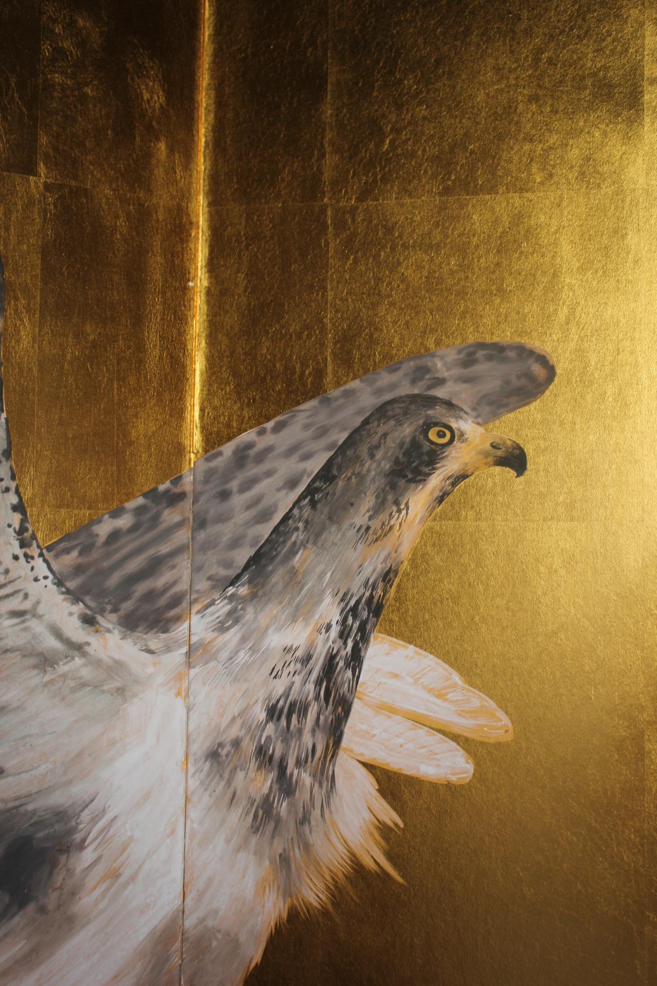 B86 Peinture japonaise d'art, faucon, écran d'or Byobu, 2 panneaux en vente 2