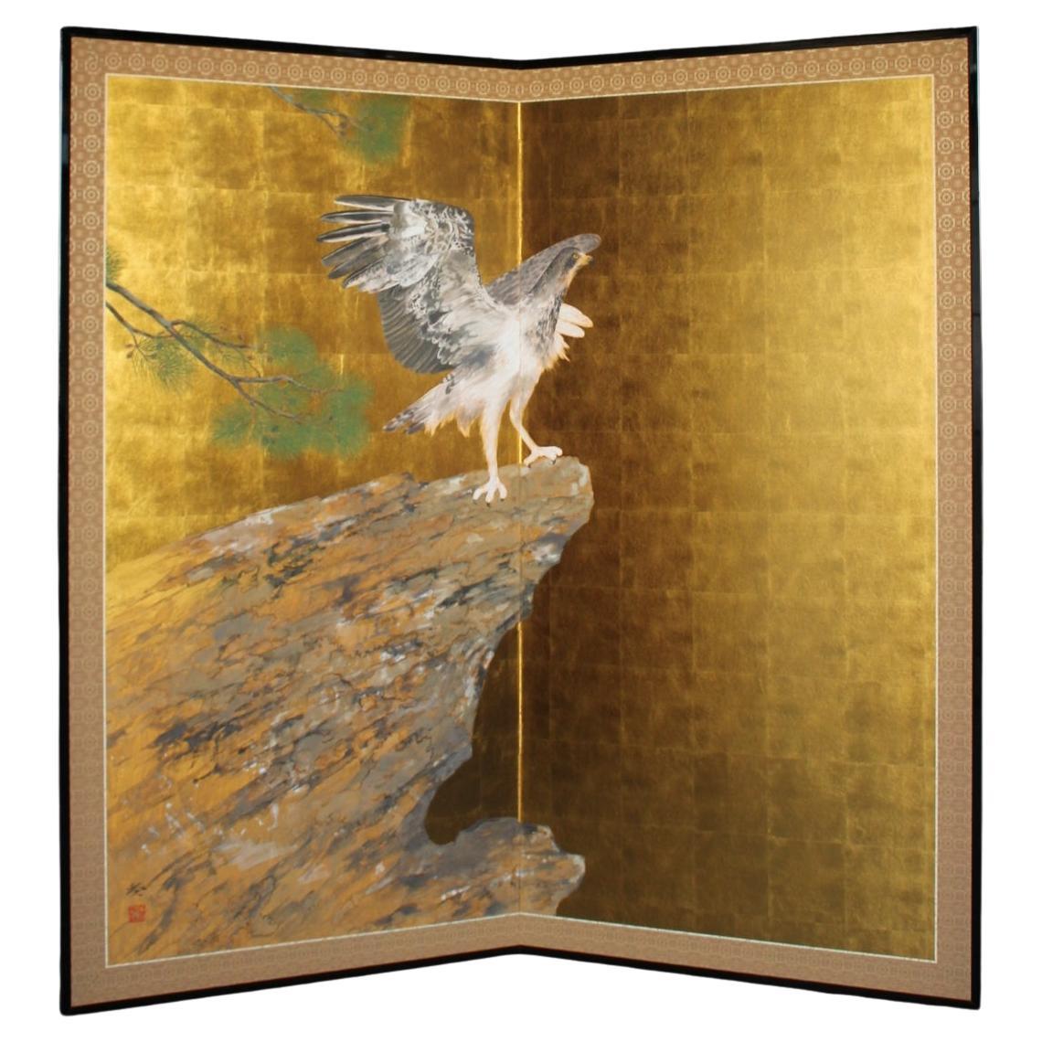 B86 Peinture japonaise d
art, faucon, écran d
or Byobu, 2 panneaux en vente