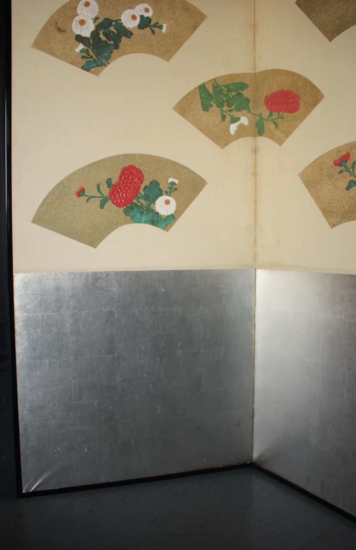 B87 Japanische Antiquitäten Kunst, Chrysantheme und Silber Hintergrund Bildschirm Byobu im Angebot 5