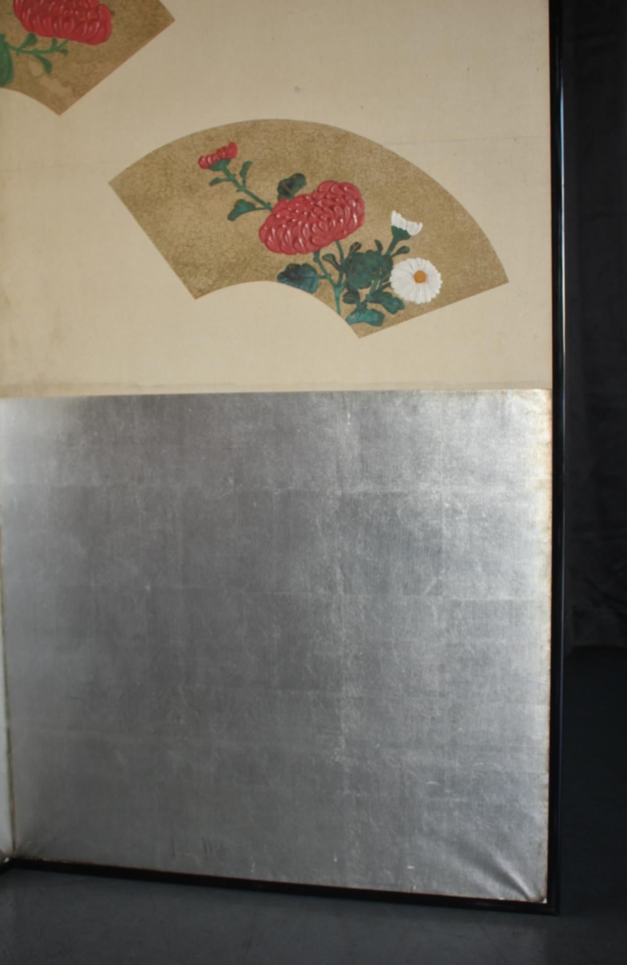 B87 Japanische Antiquitäten Kunst, Chrysantheme und Silber Hintergrund Bildschirm Byobu im Angebot 10
