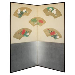 B87 Japanese Antiques Art, Chrysanthemum and silver background Screen Byobu