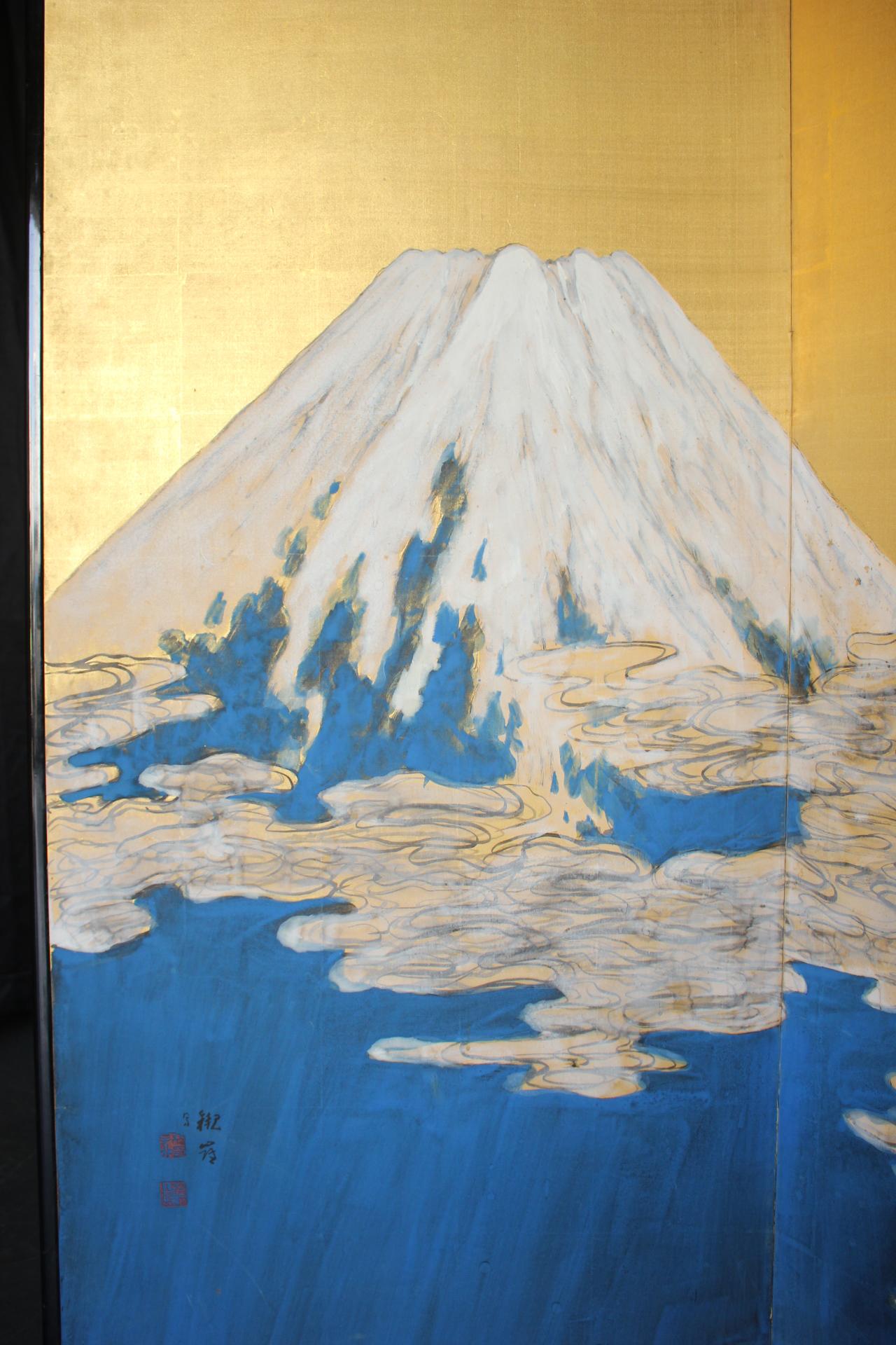 B89 Japanische Malerei, Mount Fuji Goldback Screen Byobu, 2-Paneele (20. Jahrhundert) im Angebot