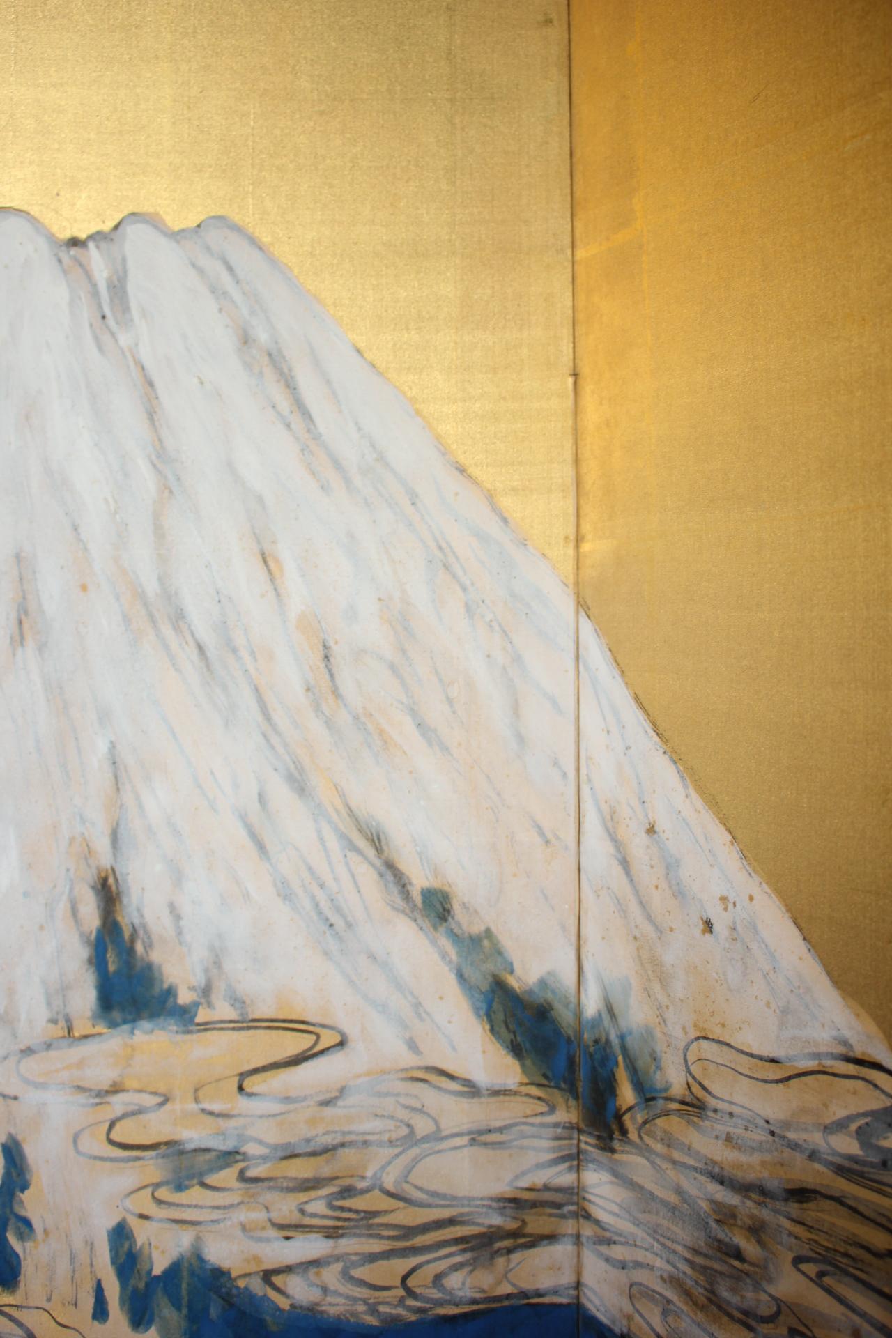 B89 Japanische Malerei, Mount Fuji Goldback Screen Byobu, 2-Paneele (Papier) im Angebot