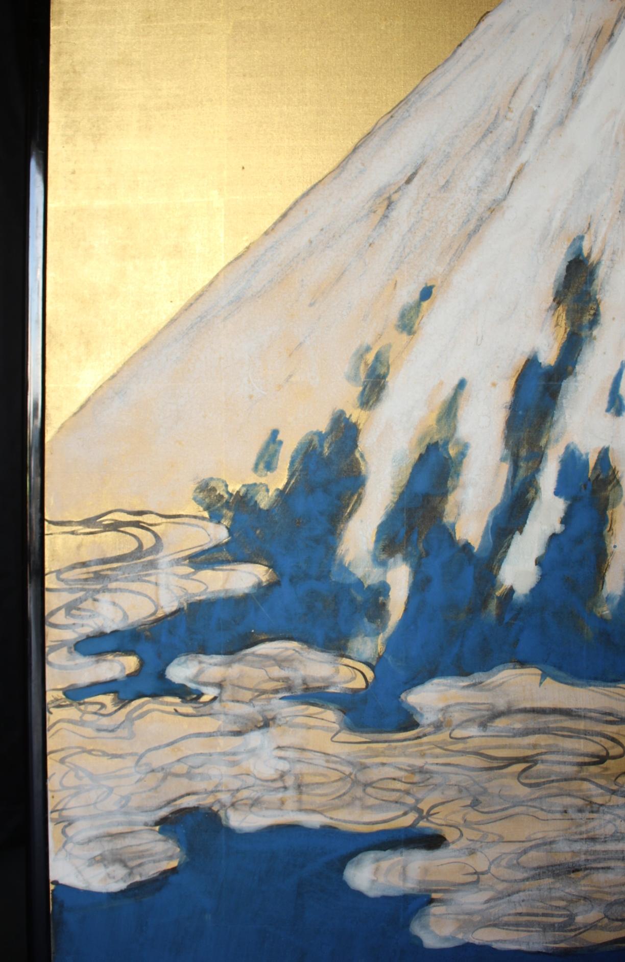 B89 Japanische Malerei, Mount Fuji Goldback Screen Byobu, 2-Paneele im Angebot 1