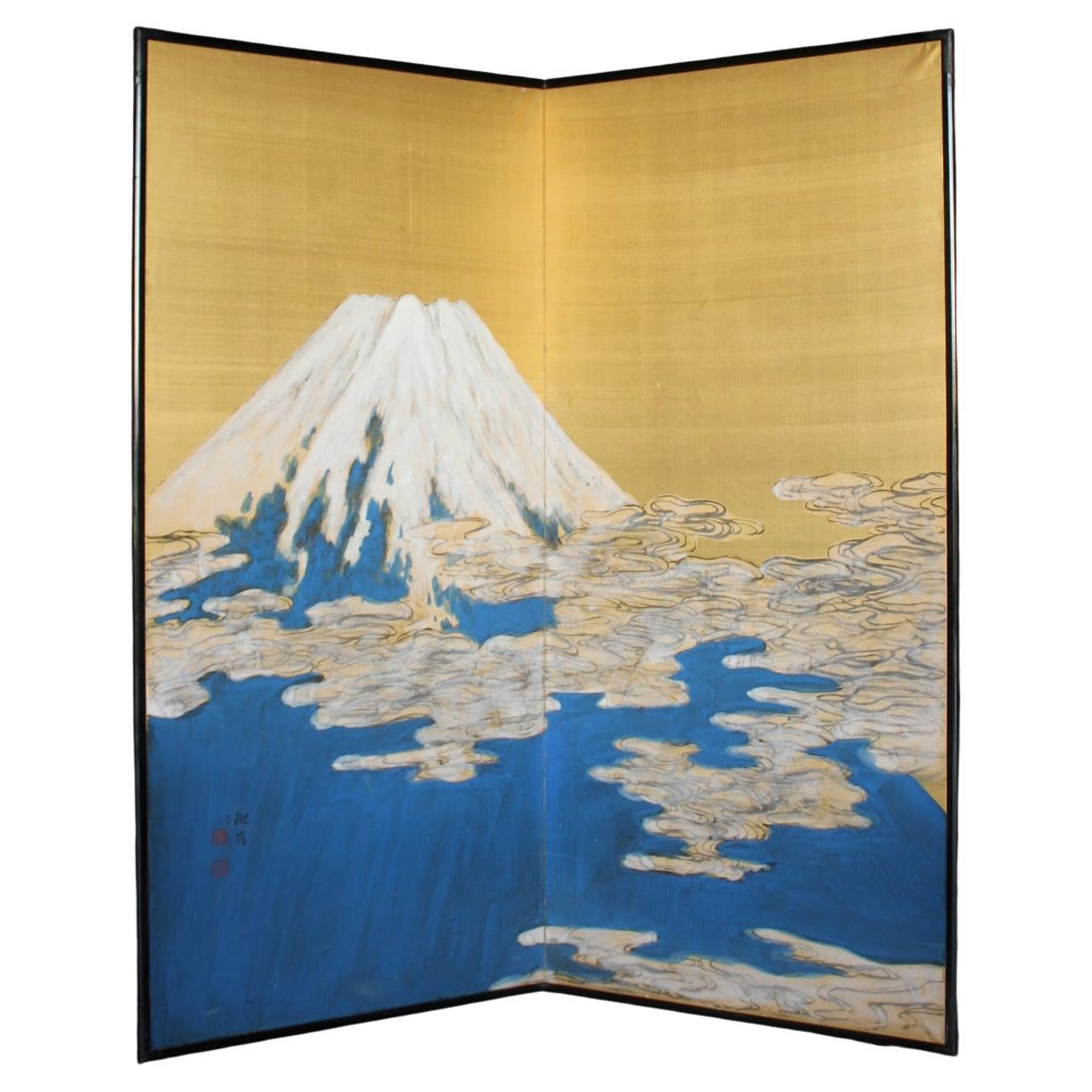 B89 Japanische Malerei, Mount Fuji Goldback Screen Byobu, 2-Paneele im Angebot