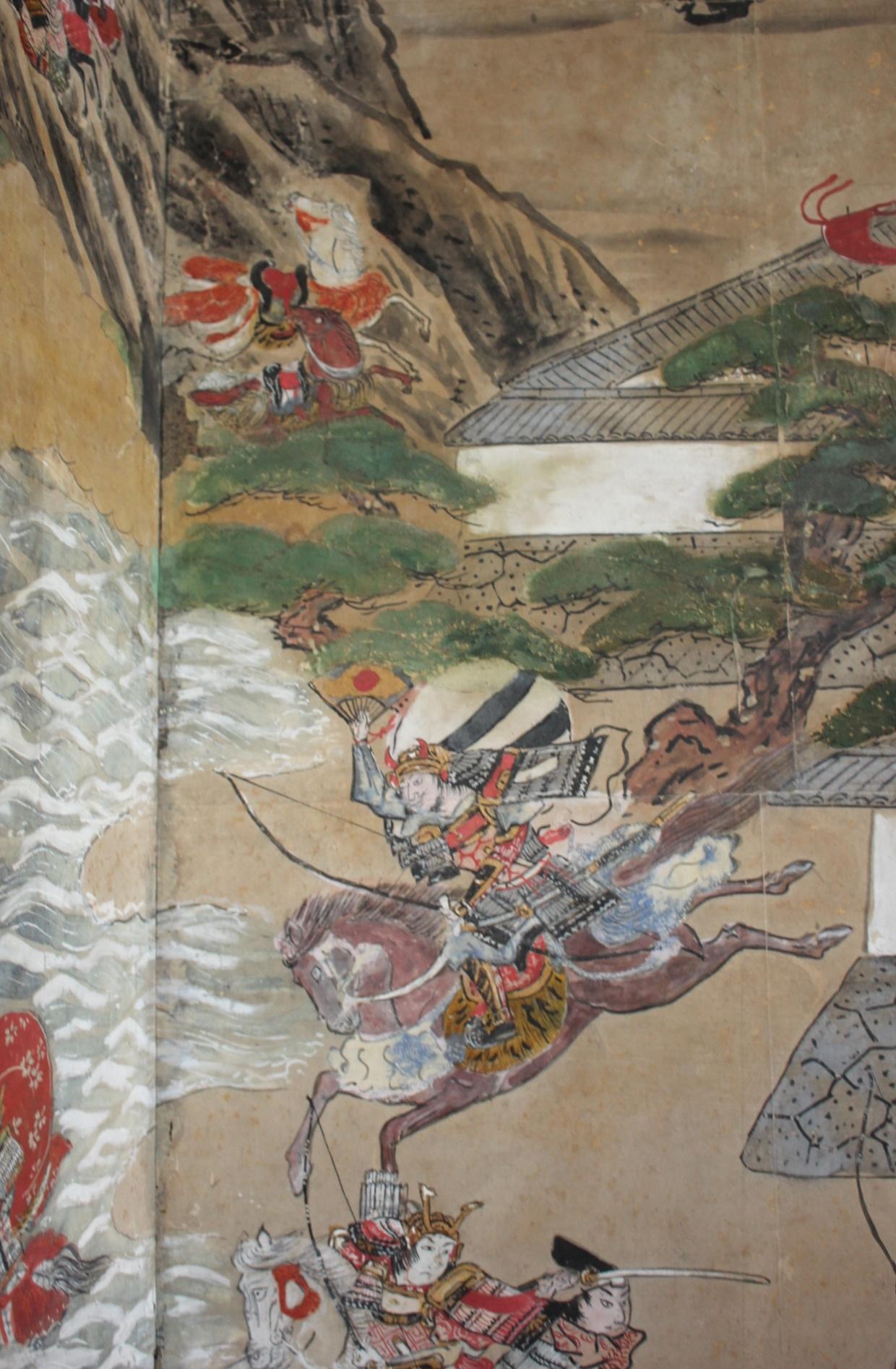 B90 Japanese antiques art Byobu screen Battle scene paper en vente 4