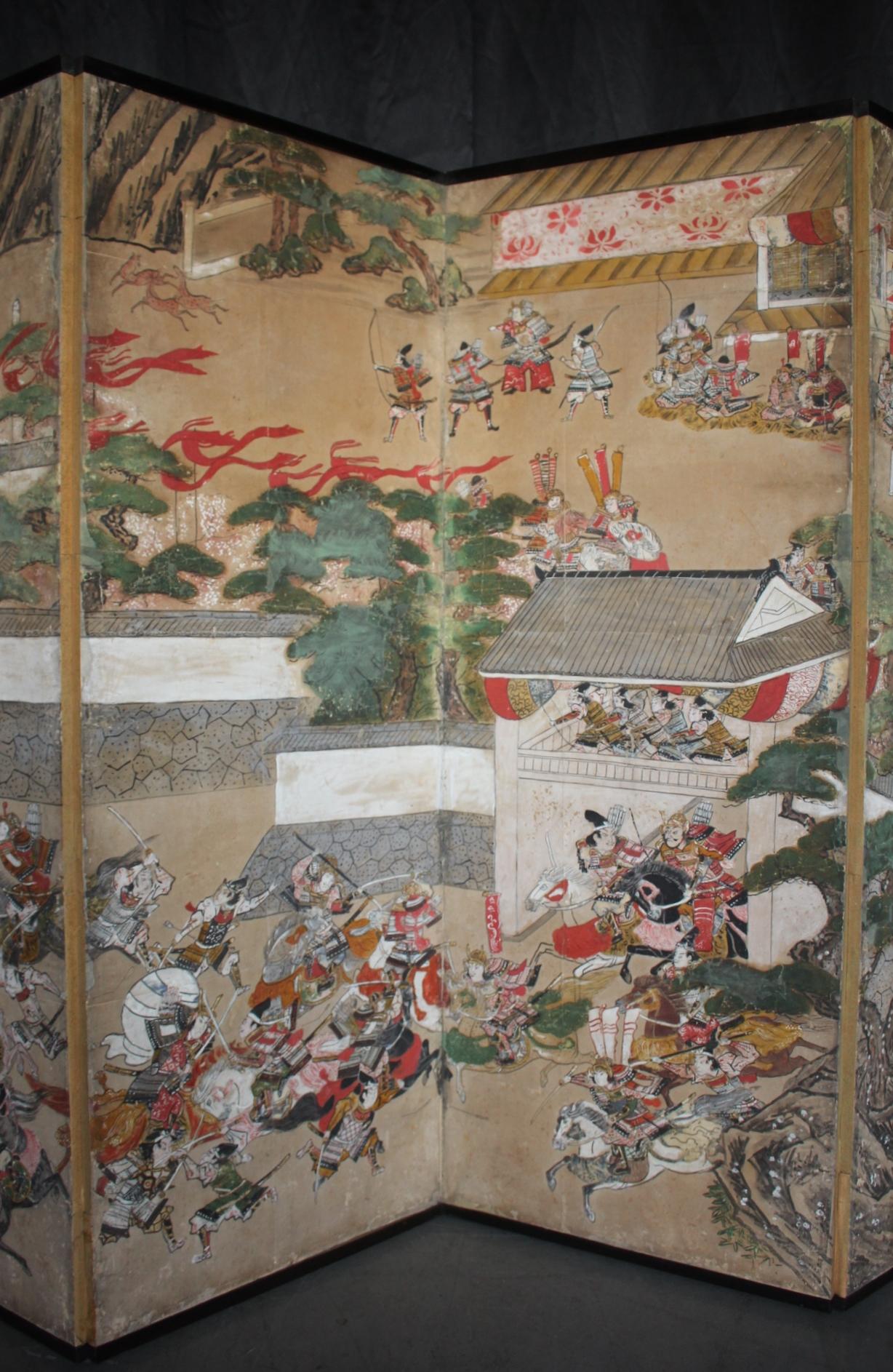 B90 Japanese antiques art Byobu screen Battle scene paper en vente 6