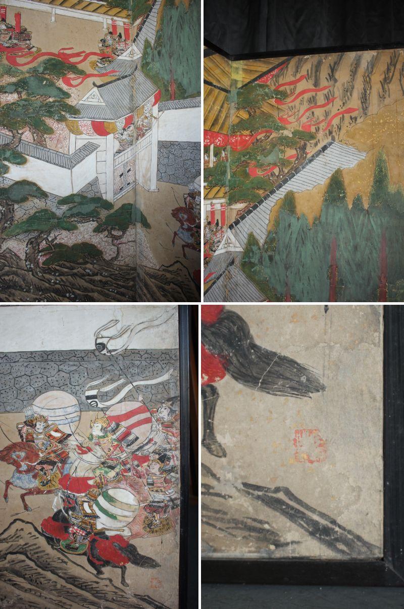 B90 Japanese antiques art Byobu screen Battle scene paper en vente 10