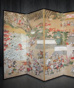 B90 Japanese antiques art Byobu screen Battle scene paper