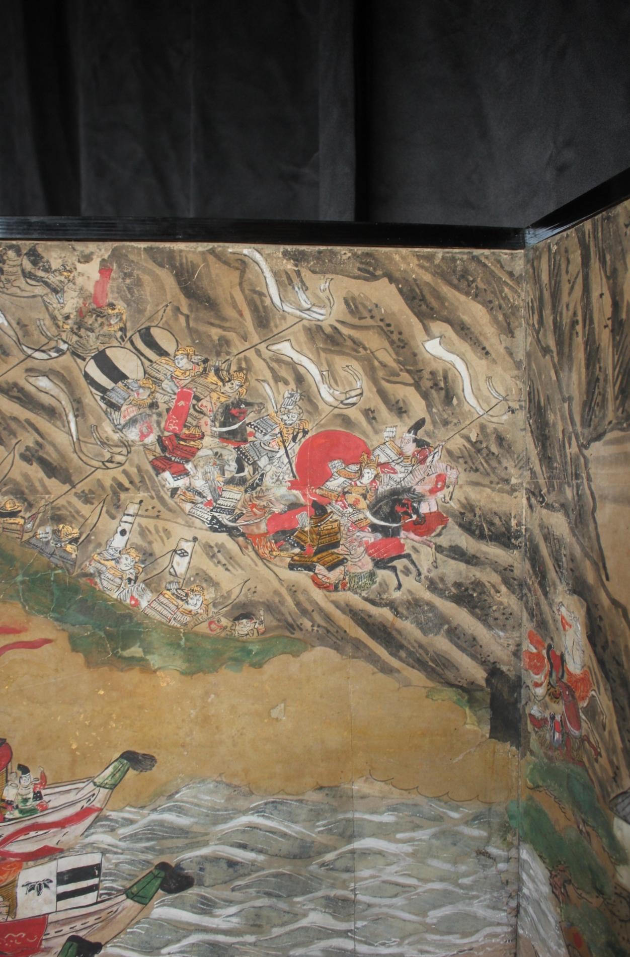 Japonais B90 Japanese antiques art Byobu screen Battle scene paper en vente