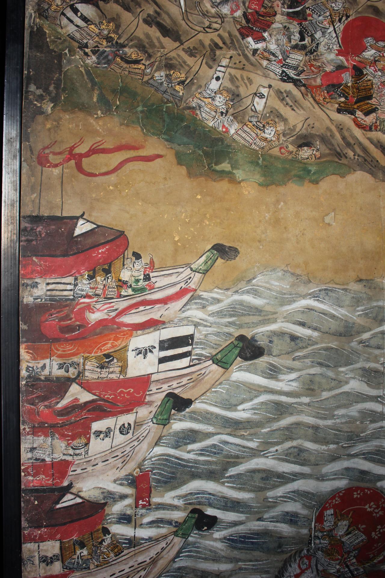 B90 Japanese antiques art Byobu screen Battle scene paper Abîmé - En vente à Niiza, JP