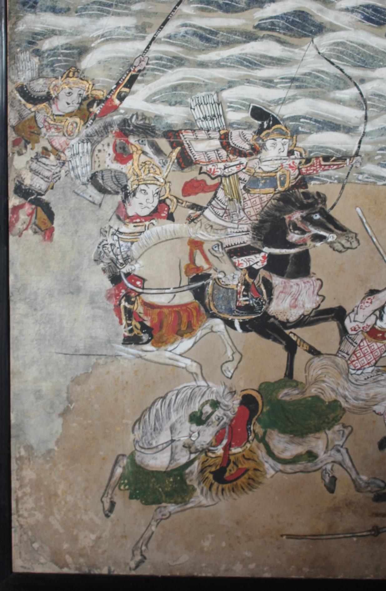 B90 Japanese antiques art Byobu screen Battle scene paper en vente 1