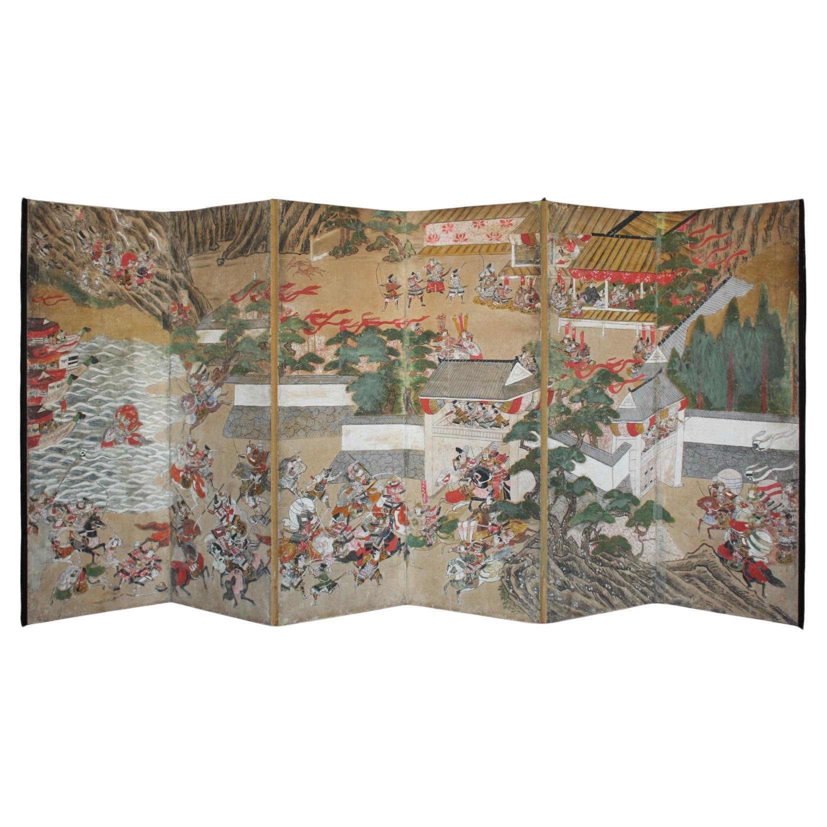 B90 Japanese antiques art Byobu screen Battle scene paper en vente