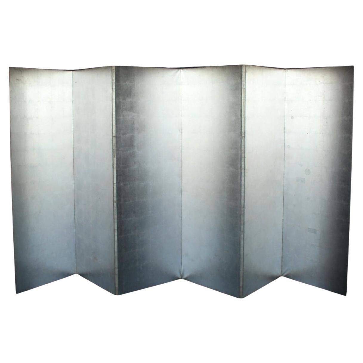 B92 Old Japanese Antiques 6panels, Silver Paper, folding Screen, Black remmed