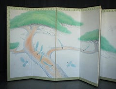 B93 Old Japanese 6panels, Paper, Longtail bird & pine tree folding Screen