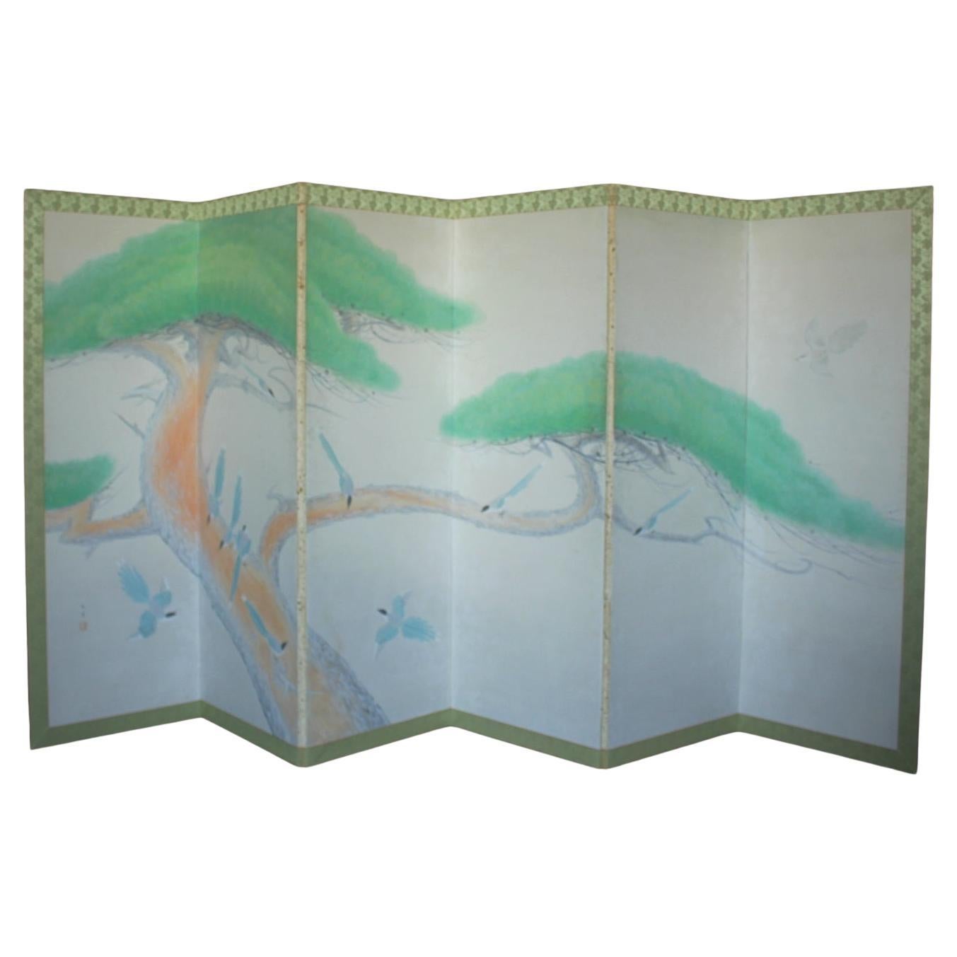 B93 Old Japanese 6panels, Paper, Longtail bird 
pine tree folding Screen For Sale