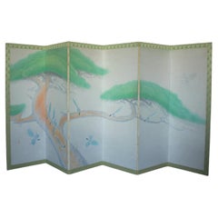 B93 Old Japanese 6panels, Paper, Longtail bird & pine tree folding Screen B93 Old Japanese 6panels, Paper, Longtail bird & pine tree folding Screen