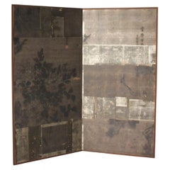 B98 Japanese Silver Byobu, 2panels, folding Screen, Ink painting