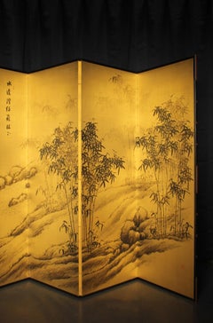 B99 Old Japanese 6panels, gold byobu, ink bamboo painting, right, folding Screen