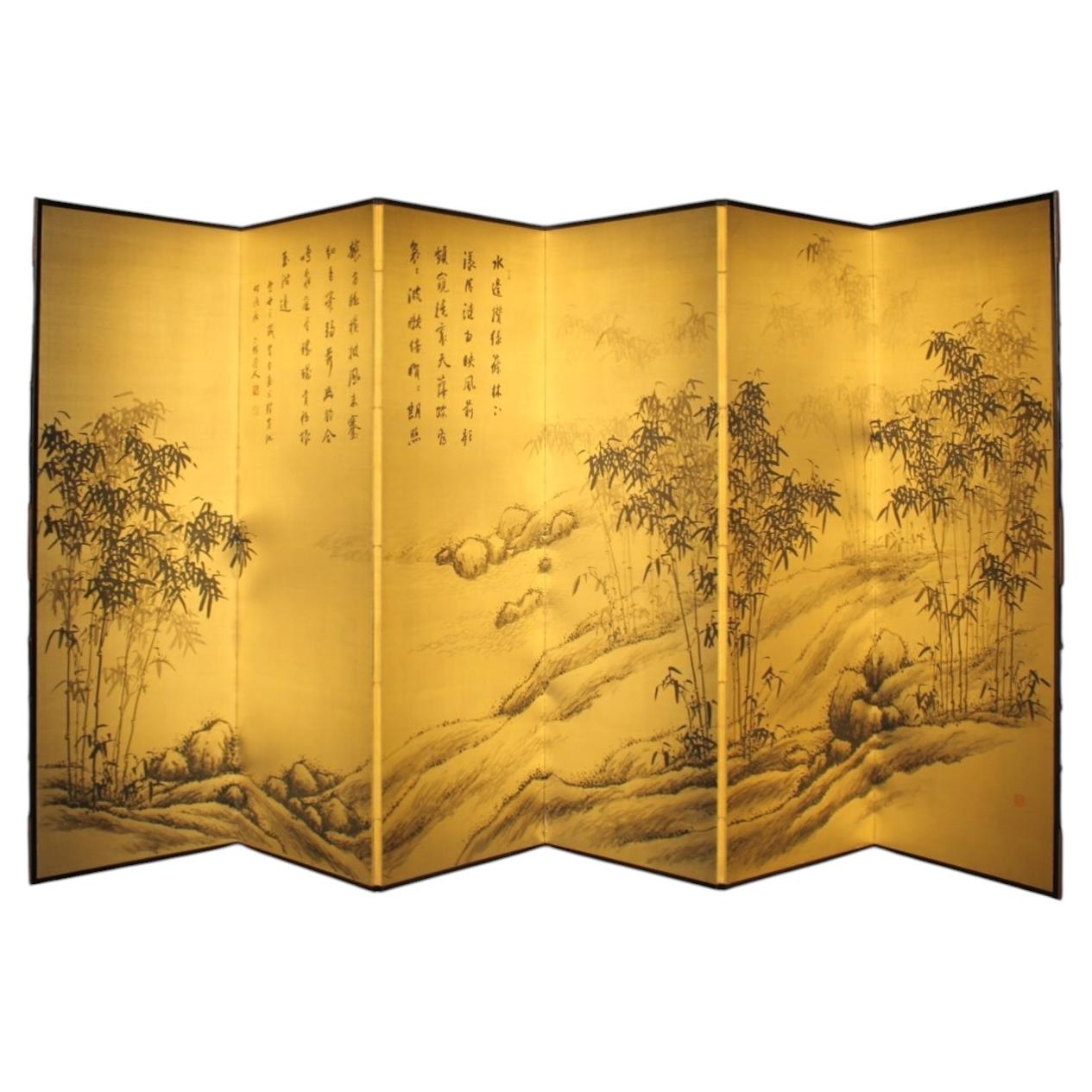 B99 Old Japanese 6panels, gold byobu, ink bamboo painting, right, folding Screen For Sale