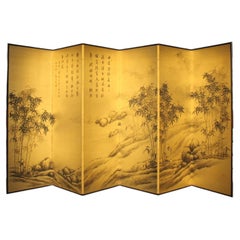 B99 Old Japanese 6panels, gold byobu, ink bamboo painting, right, folding Screen