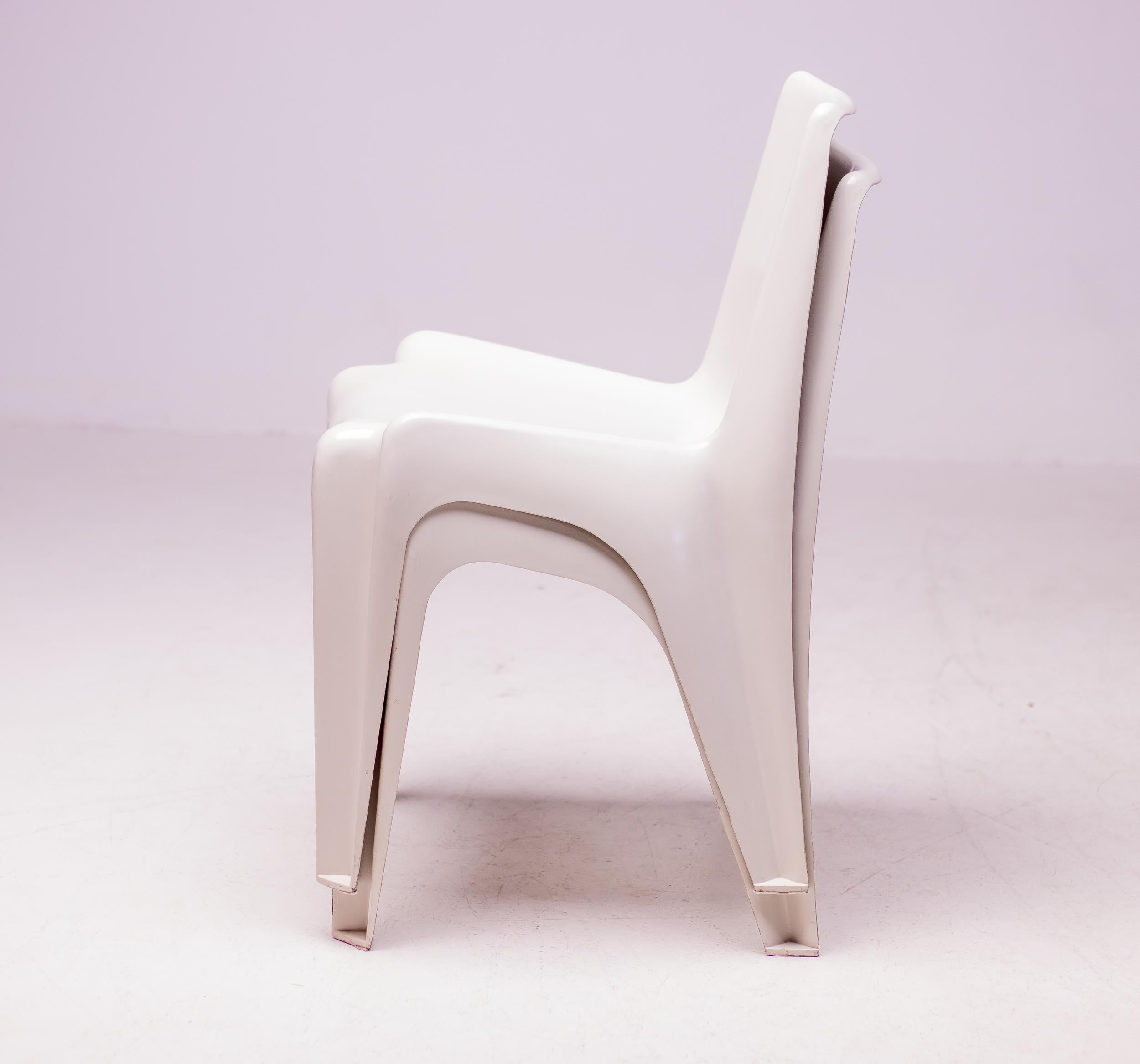 The model BA 1171 chair was designed by architect and designer Helmit Bätzner in 1964 for Bofinger in Germany. 
The stackable Bofinger chair was the first chair made in fiberglass reinforced polyester developed to be produced in one single pressing