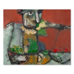Ba, Te'er Post-Impressionist - Peinture à l'huile originale « In Front Of Red Wall » (avant un mur rouge)