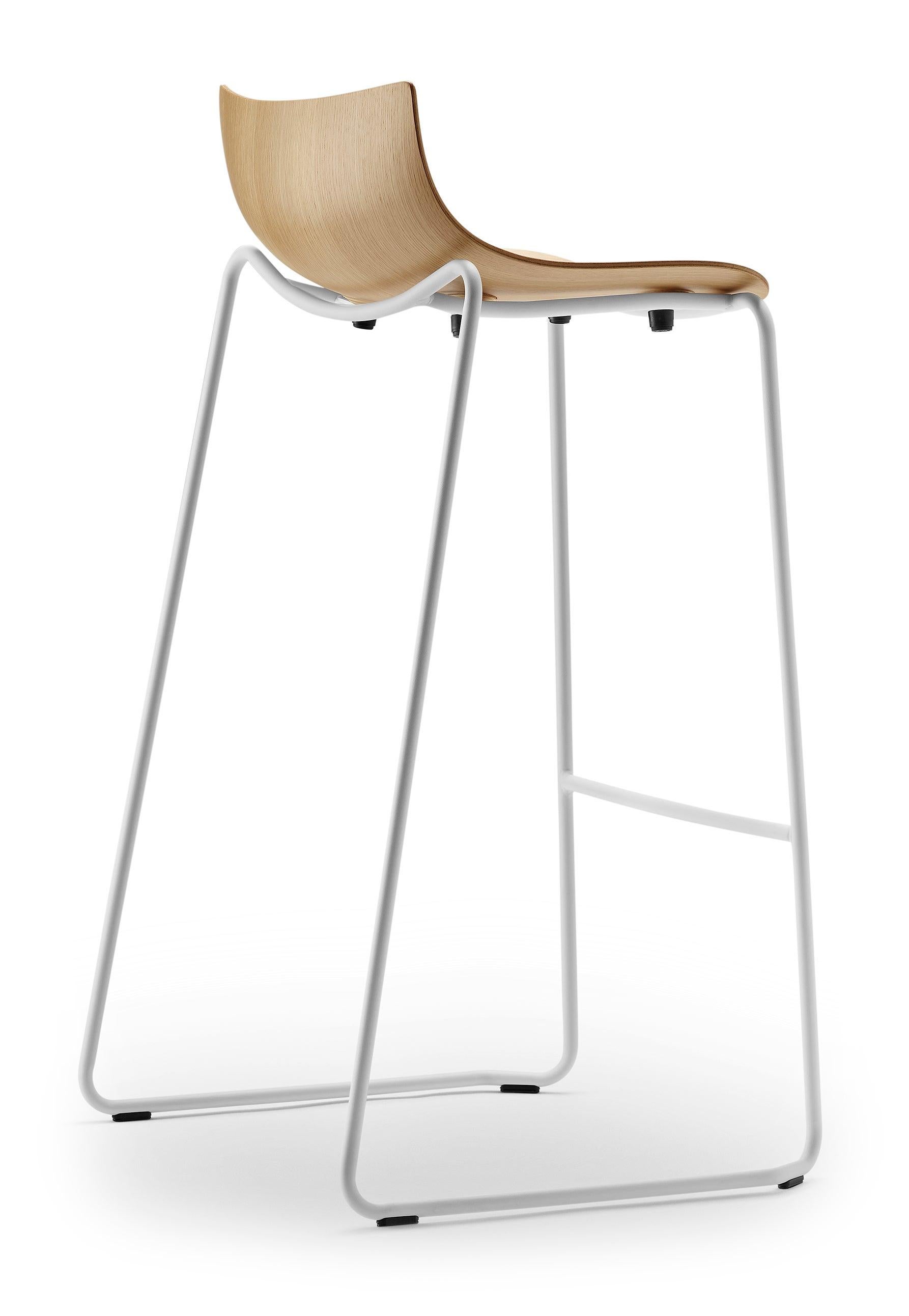 Modern BA004T Preludia Bar Chair in Oak Lacquer and White Steel Base by Brad Ascalon