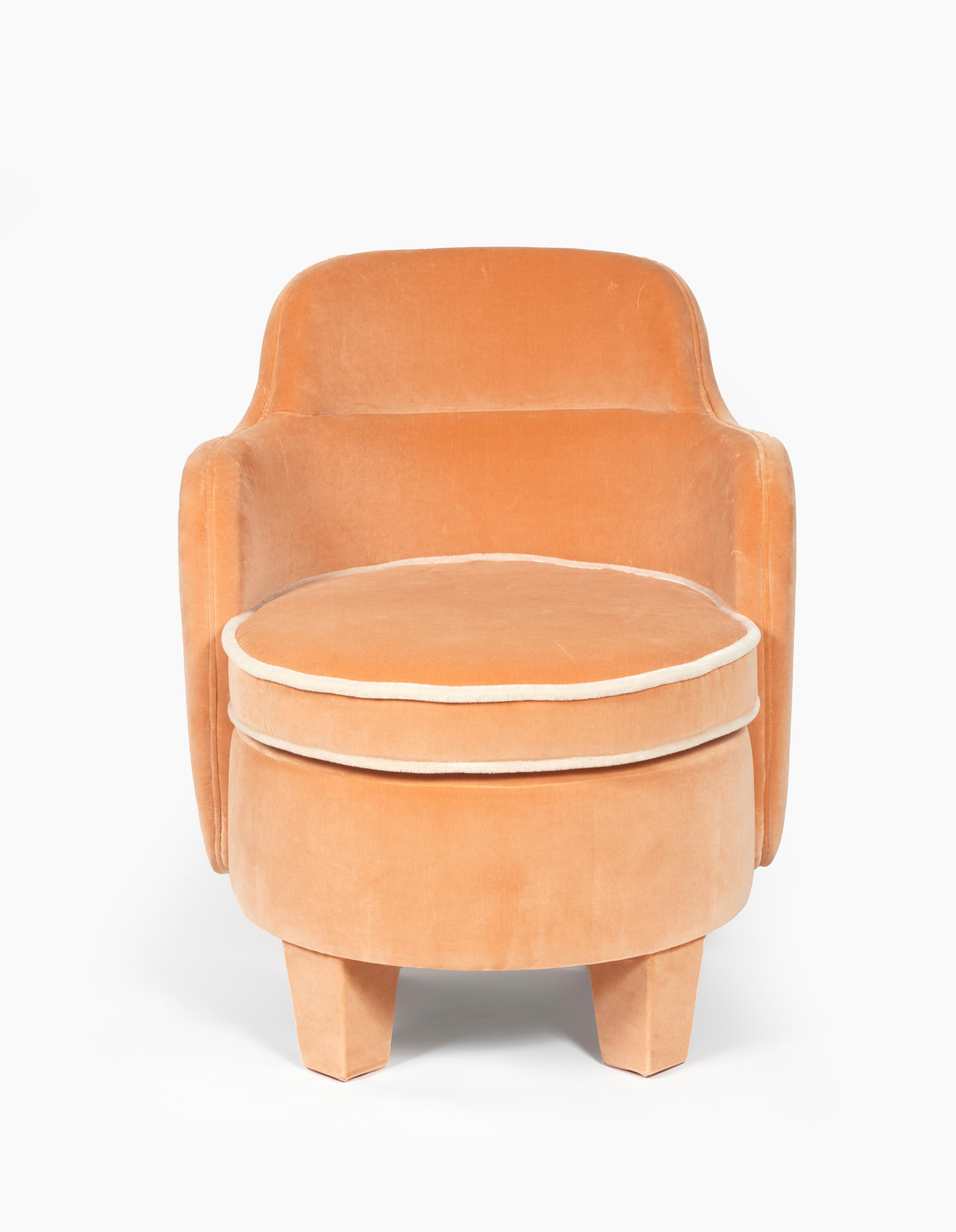 The Baba armchair was designed and imagined for a residential project in Paris. 
Its iconic design was inspired by the floral shapes of 70s furniture.
The size of this piece fits perfectly with a small area like angles of a bathroom or a bedroom.