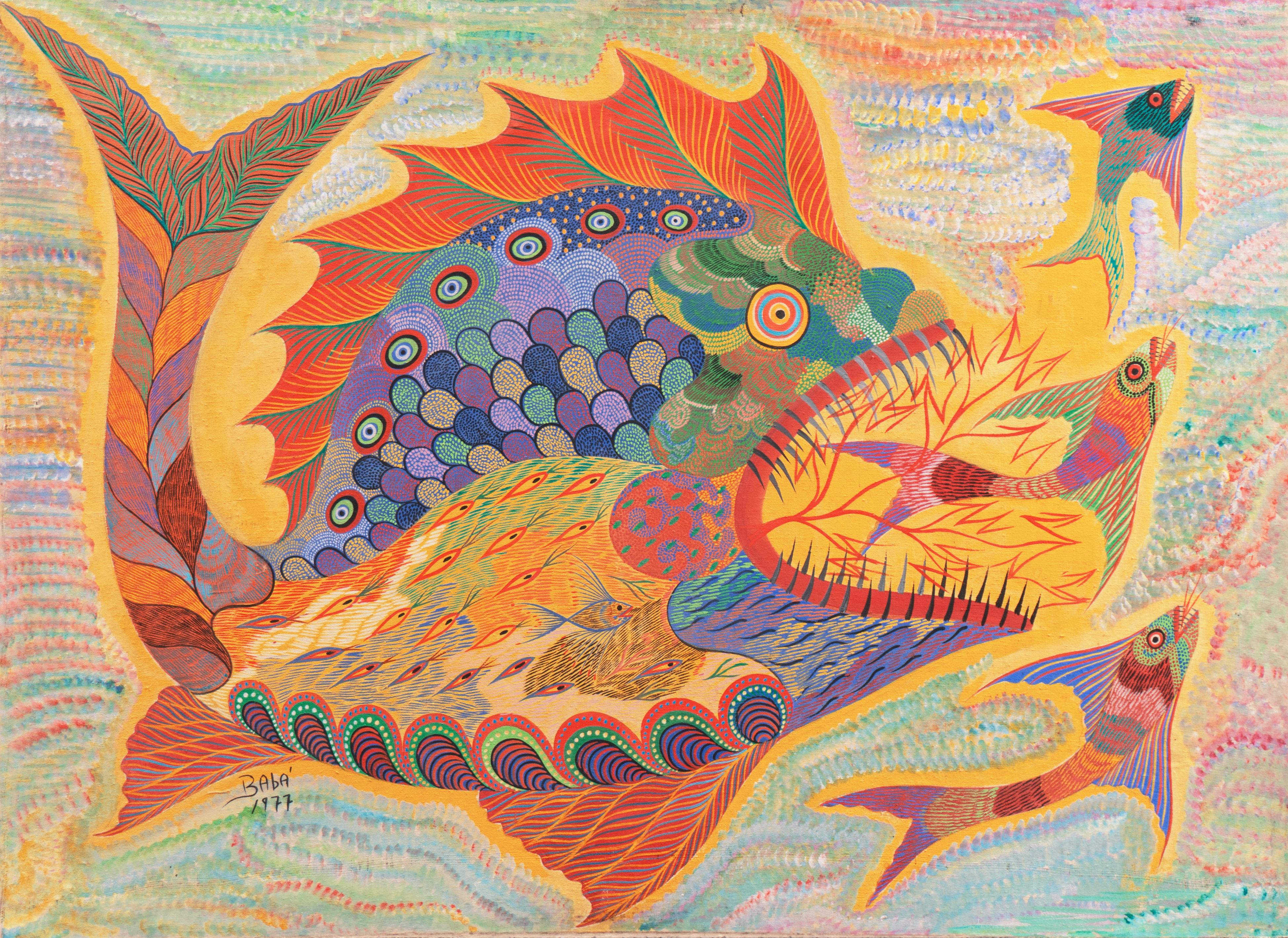 Baba Animal Painting - 'Circle of Marine Life', Aquatic, Psychedelic Fish Monster, Yellow Submarine 