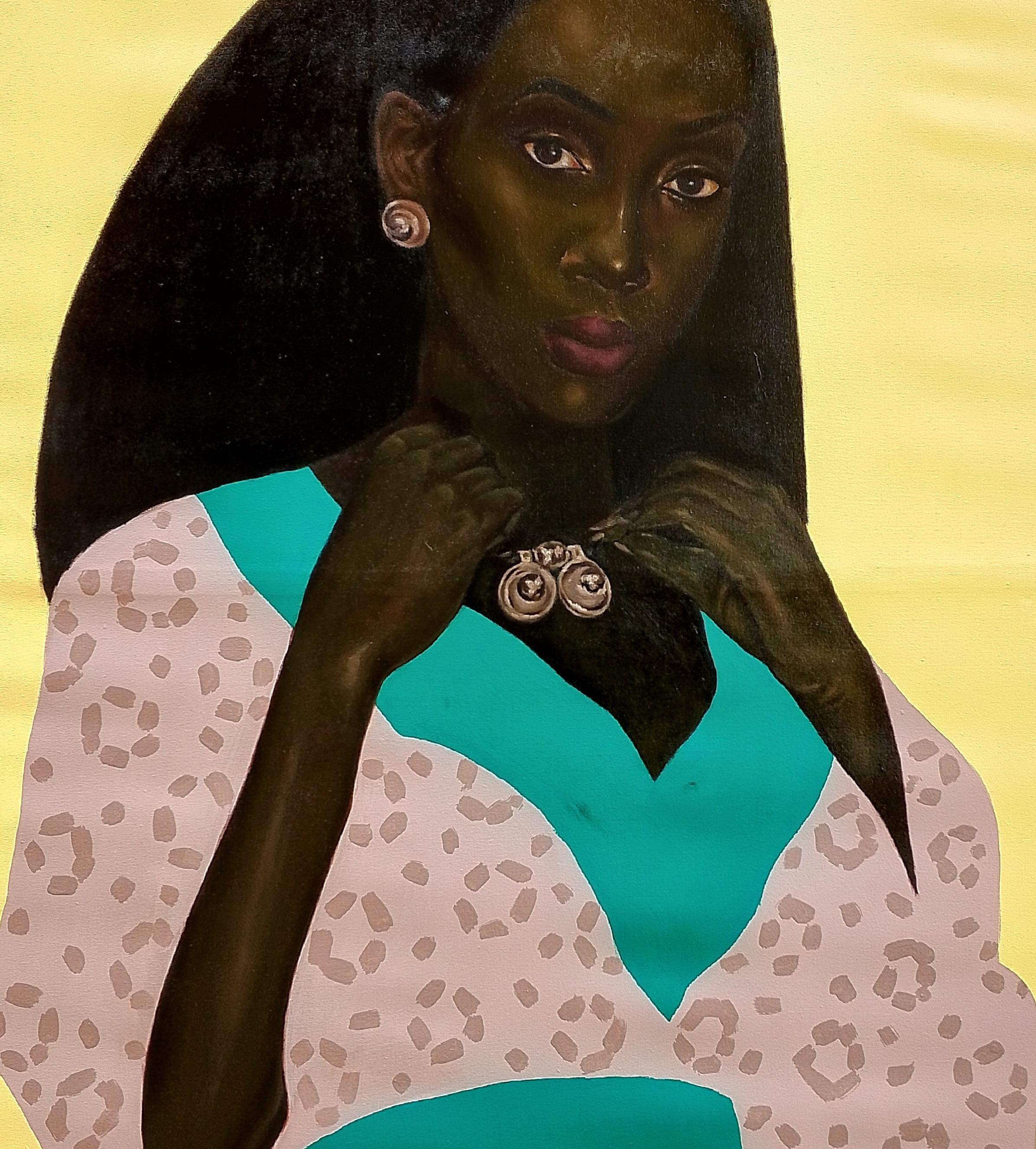 Keep It Safe - 21e siècle, Contemporain, Portrait figuratif, Femmes noires - Orange Figurative Painting par Babatunde Adeogun